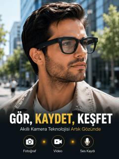 Siyah Bluetooth Akıllı Kamera Gözlüğü Fotoğraf Video Ses Kayıtlı AI Sesli Asistanlı Manyetik Şarjlı 3 Lensli