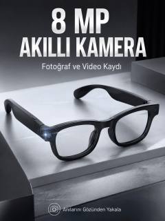 Siyah Bluetooth Akıllı Kamera Gözlüğü 8 MP Kameralı AI Çeviri Wi-Fi Fotoğraf Video Müzik Arama ve Dokunmatik Kontrollü