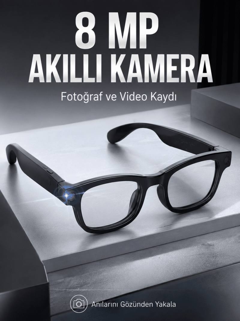 Siyah Bluetooth Akıllı Kamera Gözlüğü 8 MP Kameralı AI Çeviri Wi-Fi Fotoğraf Video Müzik Arama ve Dokunmatik Kontrollü