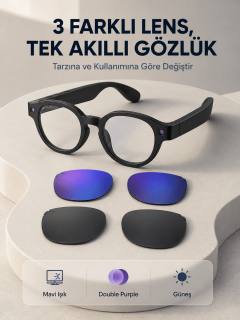 Siyah Akıllı Kamera Gözlüğü Fotoğraf Video Çekimli Yapay Zeka Destekli Bluetooth Çoklu Dil Çeviri 3 Lensli