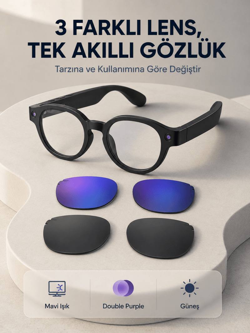 Siyah Akıllı Kamera Gözlüğü Fotoğraf Video Çekimli Yapay Zeka Destekli Bluetooth Çoklu Dil Çeviri 3 Lensli