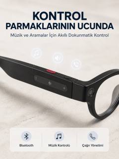 Siyah Kameralı Akıllı Gözlük AI Görüntü Tanıma Bluetooth Müzik Telefon Görüşme Dokunmatik Kontrollü