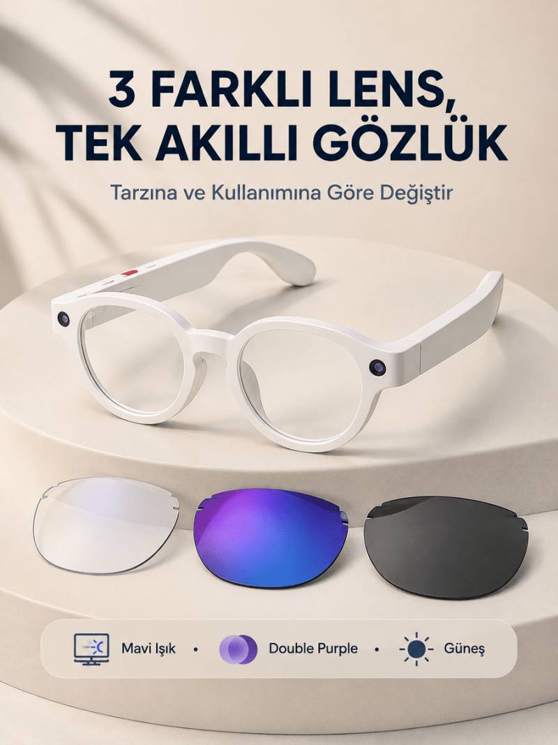 Beyaz Akıllı Kamera Gözlüğü Fotoğraf Video Çekimli Yapay Zeka Destekli Bluetooth Çoklu Dil Çeviri 3 Lensli