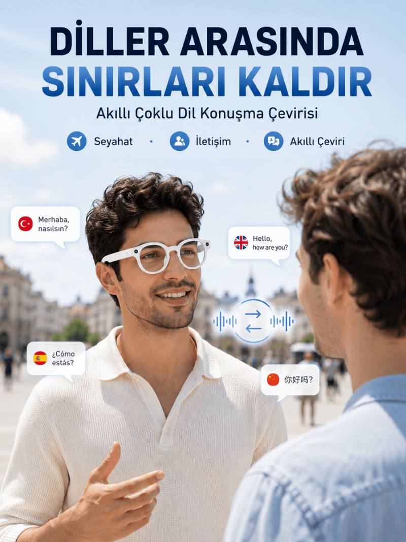Beyaz Kameralı Akıllı Gözlük Yapay Zeka Görüntü Tanıma Bluetooth Müzik Telefon Görüşme Dokunmatik Kontrollü