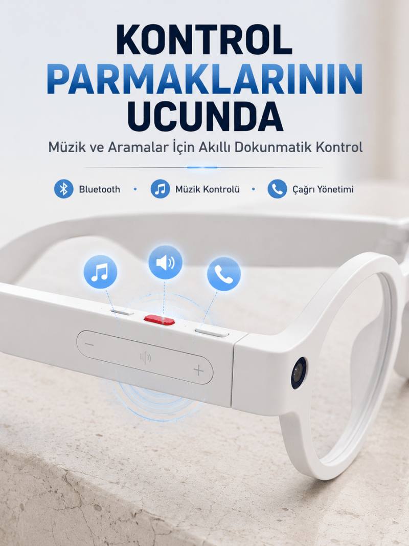 Beyaz Yapay Zeka Akıllı Gözlük Fotoğraf Video Ses Kayıtlı Çoklu Dil Çeviri Bluetooth Bağlantılı 3 Lensli