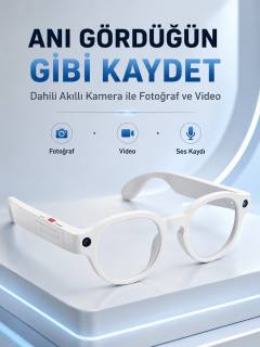 Beyaz Bluetooth Akıllı Gözlük Dahili Kameralı Fotoğraf Video Kayıt Yapay Zeka Çeviri Dokunmatik Kontrol Özellikli