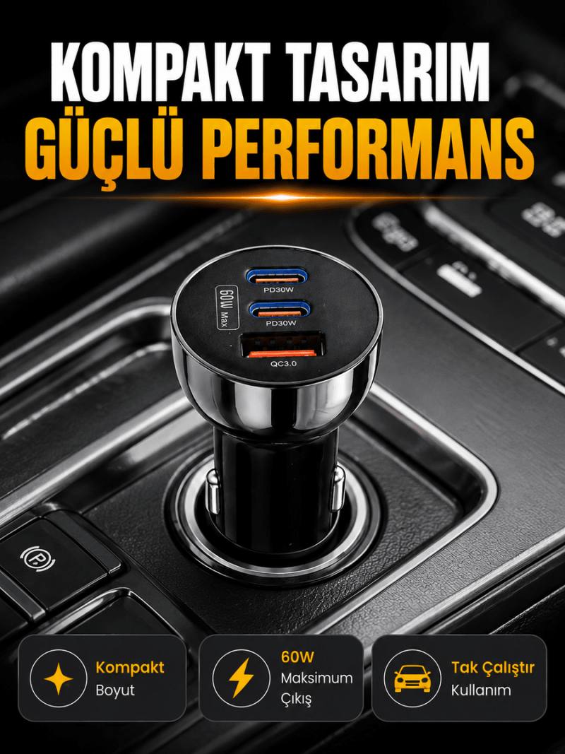 60W Araç İçi Hızlı Şarj Adaptörü Çift USB-C PD ve USB-A QC3.0