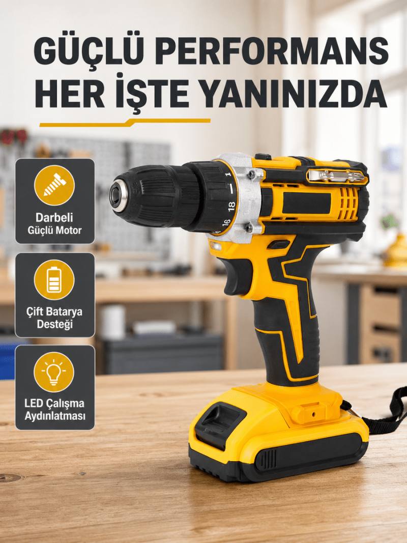 Çift Bataryalı Darbeli Şarjlı Matkap Seti – Metal Dişli, 24 Parça Aksesuar ve LED Işıklı