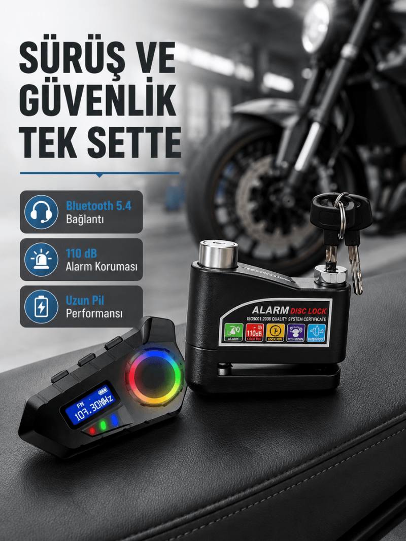 Bluetooth 5.4 İntercom ve Alarmlı Disk Kilidi Seti Güçlü Ses ve Güvenlik