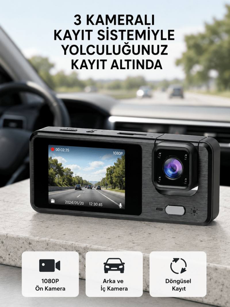 Park Modlu 3 Kameralı Araç Kayıt Cihazı 1080P Ön Kamera 2’’ Ekran