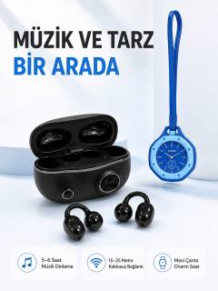 Şarj Kutulu Kablosuz Kulaklık ve Askılı Mavi Charm Saat Avantajlı İkili Set
