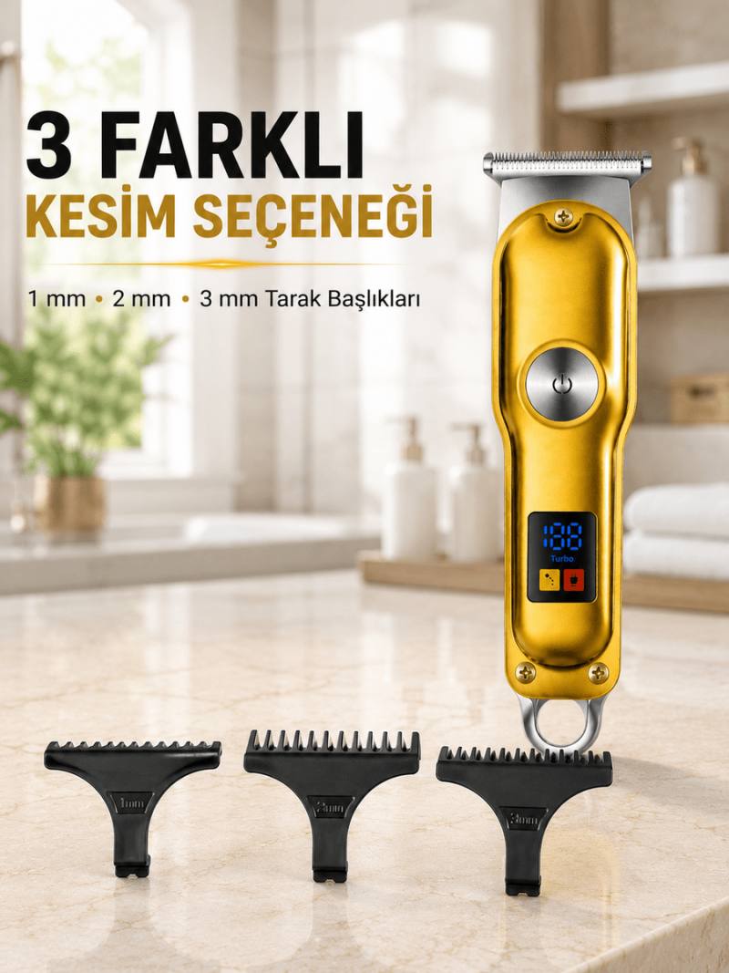 T Bıçaklı Erkek Tıraş Makinesi USB Şarjlı LED Göstergeli Turbo Özellikli Saç Sakal Kesme Makinesi