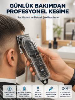 Şarjlı Saç Kesme Makinesi 4 Farklı Taraklı LCD Pil Göstergeli USB Şarjlı Profesyonel Erkek Tıraş Makinesi
