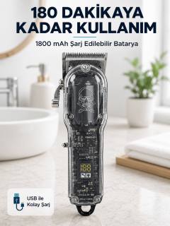 Erkek Saç Tıraş Makinesi Ayarlanabilir Bıçaklı 4 Taraklı 180 Dakika Kullanımlı LCD Ekranlı Şarjlı