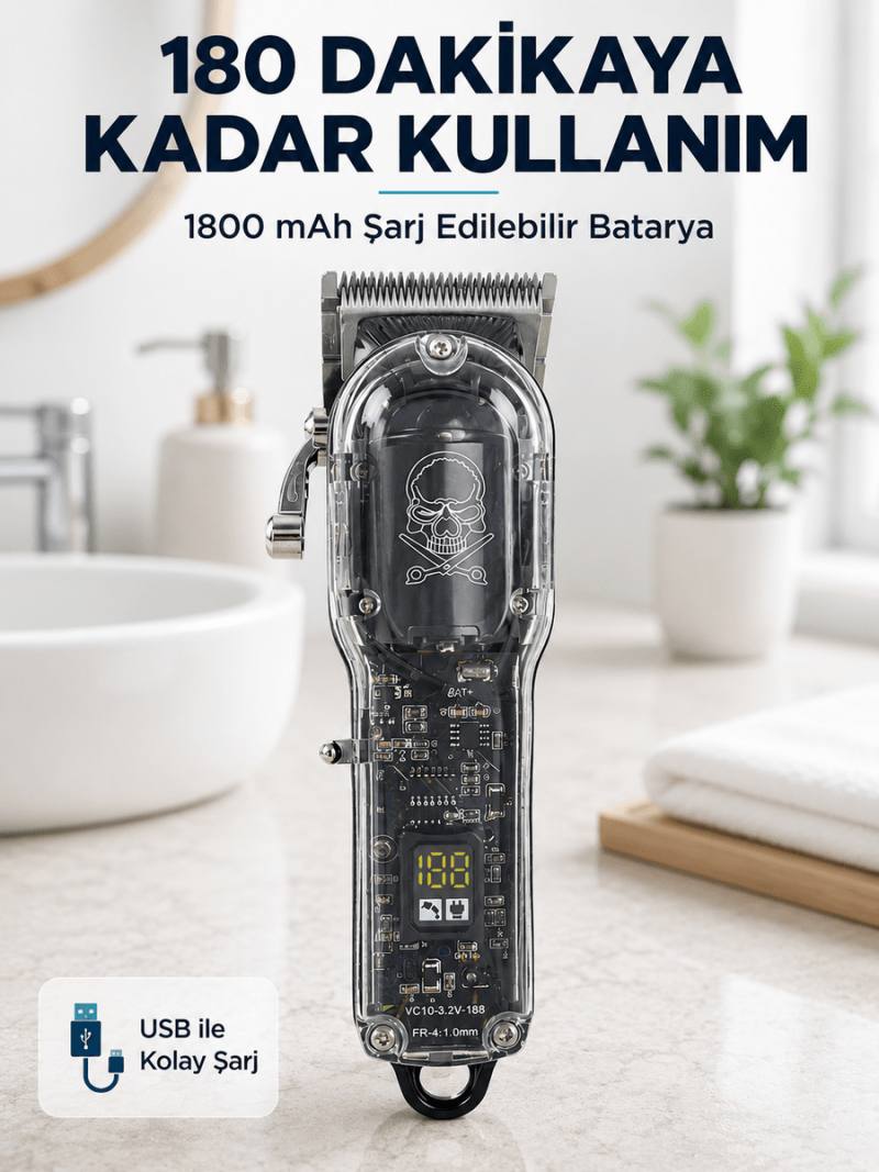 Erkek Saç Tıraş Makinesi Ayarlanabilir Bıçaklı 4 Taraklı 180 Dakika Kullanımlı LCD Ekranlı Şarjlı
