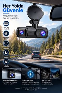Ön Arka Kayıt 1080P Full HD 180° Geniş Açı Şarjlı Kullanım