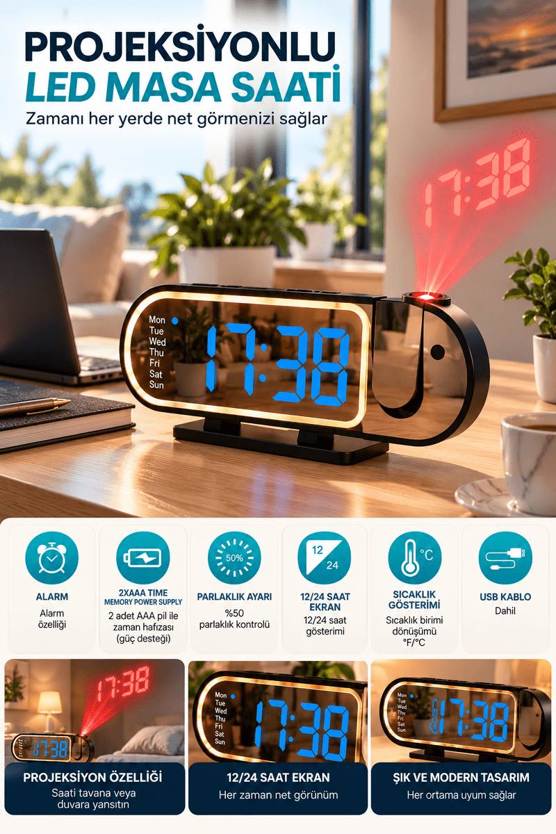 Şık Tasarımlı LED Masa Saati Dijital Ekran Alarm 12 24 Saat ve Sıcaklık Göstergeli