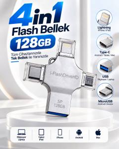 Çoklu Cihaz Uyumlu 128GB 4in1 USB Flash Bellek Lightning Type-C USB-A MicroUSB