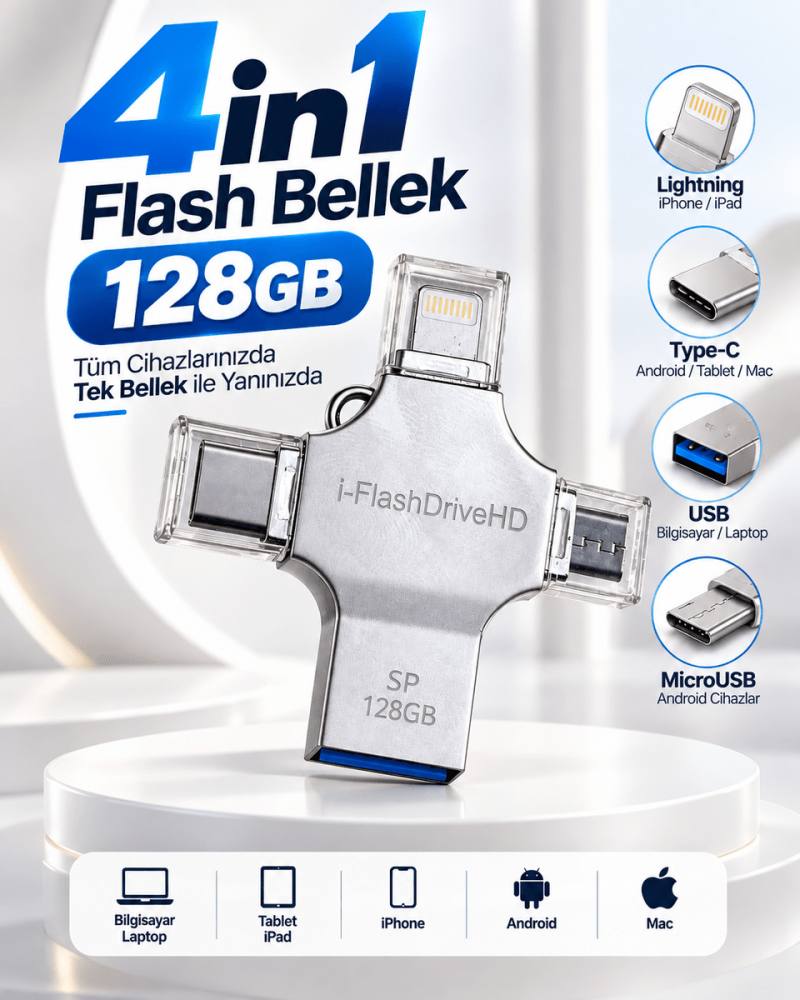Çoklu Cihaz Uyumlu 128GB 4in1 USB Flash Bellek Lightning Type-C USB-A MicroUSB