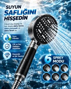 6 Sprey Modlu Filtreli Duş Başlığı Büyük Su Paneli Silikon Nozullu Modern Tasarım