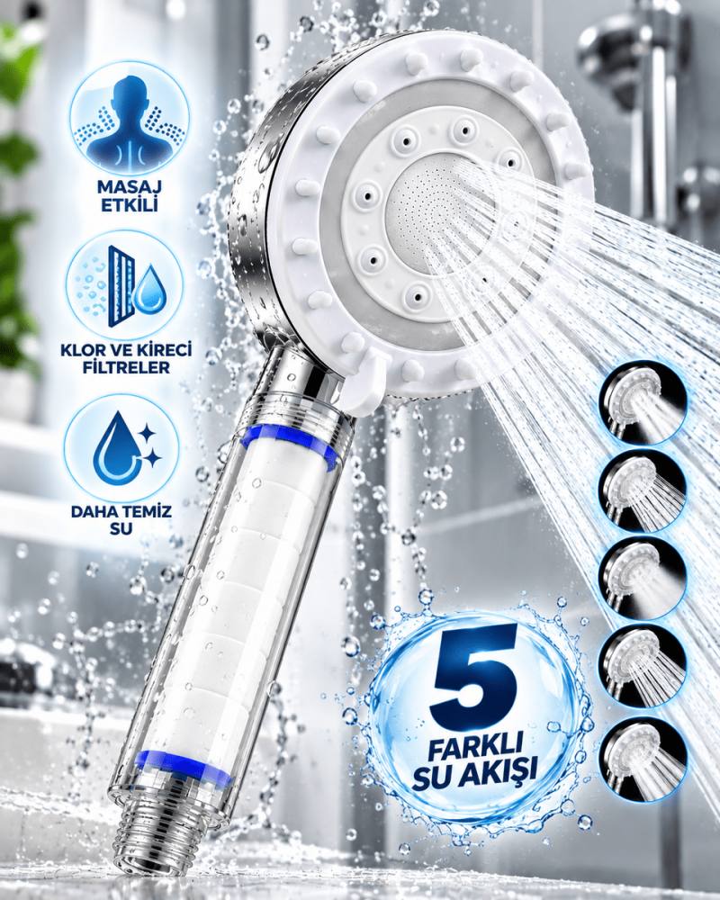 Klor ve Kireç Filtreli Duş Başlığı 5 Farklı Su Akışı Masaj Etkili Filtreli Duş Başlığı