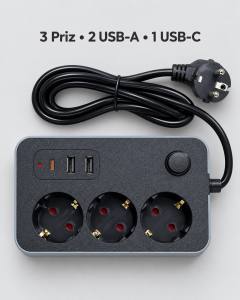 Ev ve Ofis Kullanımına Uygun USB ve Type C Şarj Çıkışlı Akım Korumalı Çoklu Priz