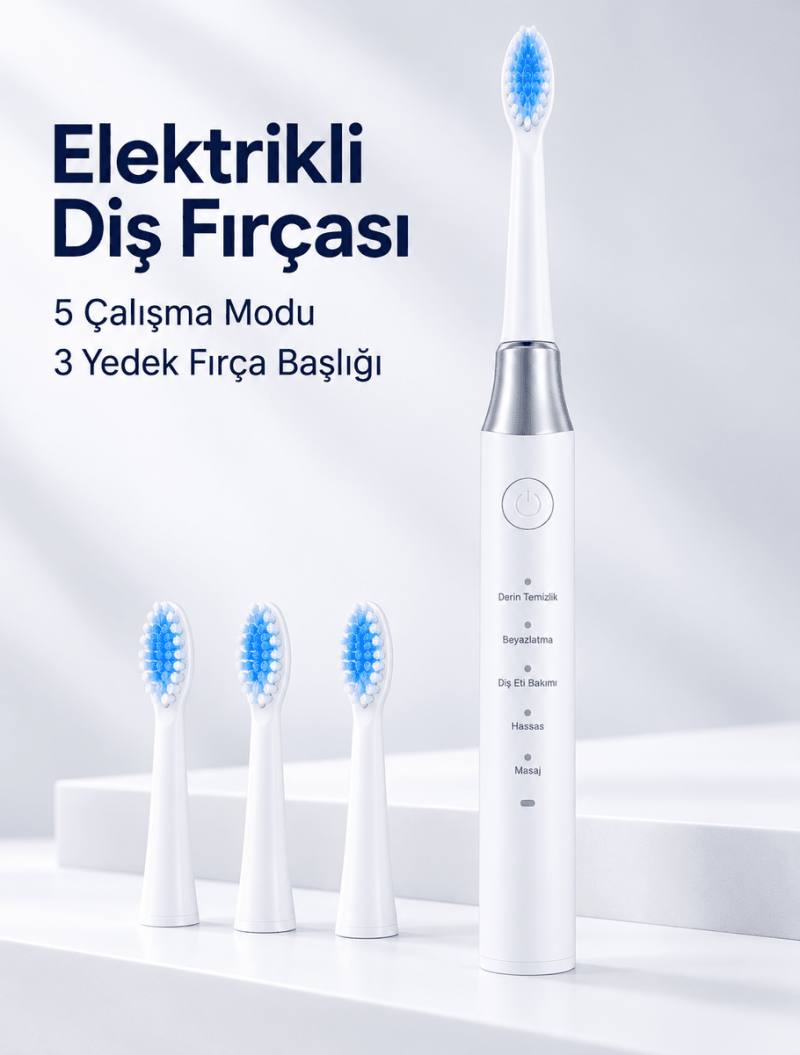 3 Yedek Başlık Hediyeli USB Şarjlı Beyaz Elektrikli Diş Fırçası