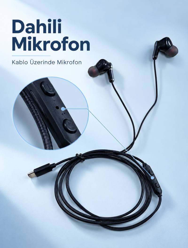 Type C Bağlantılı Siyah Kulaklık Mikrofonlu Kulak İçi Tasarım