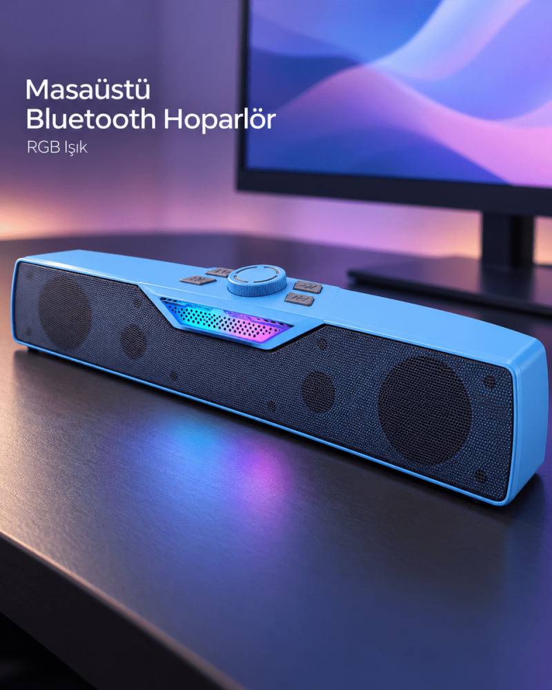 RGB Işıklı Bluetooth 5.4 Masaüstü Soundbar Hoparlör USB ve TF Kart Destekli Mavi