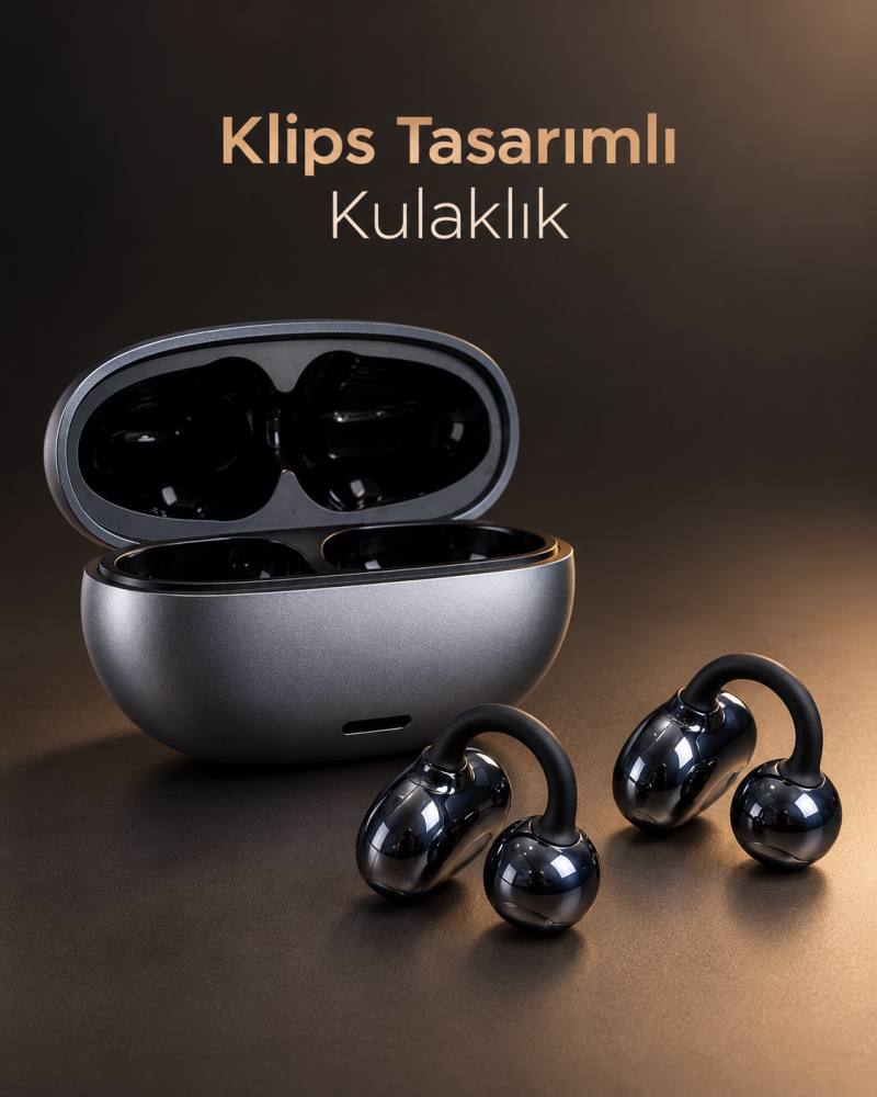 Klipsli Kablosuz Kulaklık Dokunmatik Kontrollü 2500 Saat Bekleme Type C Şarjlı