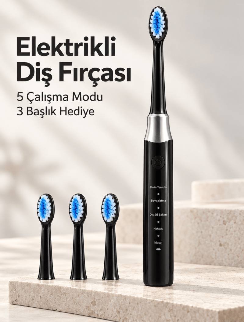 Hassas ve Masaj Modlu Siyah Elektrikli Diş Fırçası USB Şarjlı 3 Başlık Hediyeli