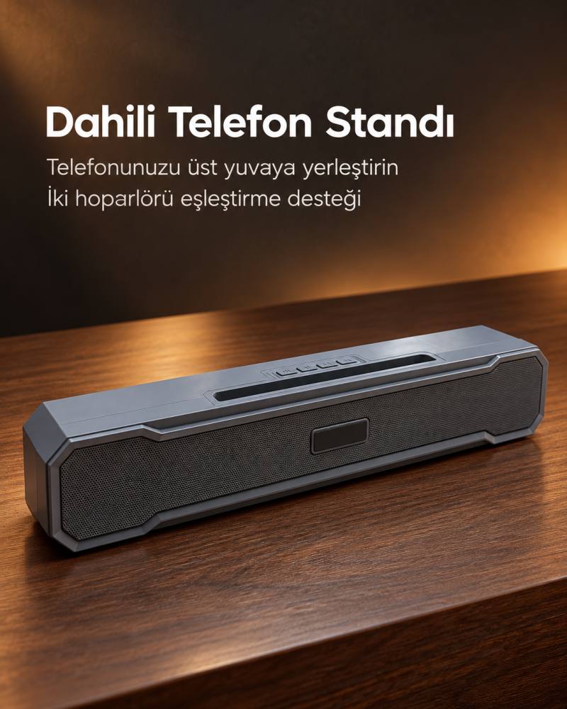 Köşeleri Eğimli Bar Tipi Tasarıma Sahip Şarj Edilebilir Masaüstü Bluetooth Hoparlör