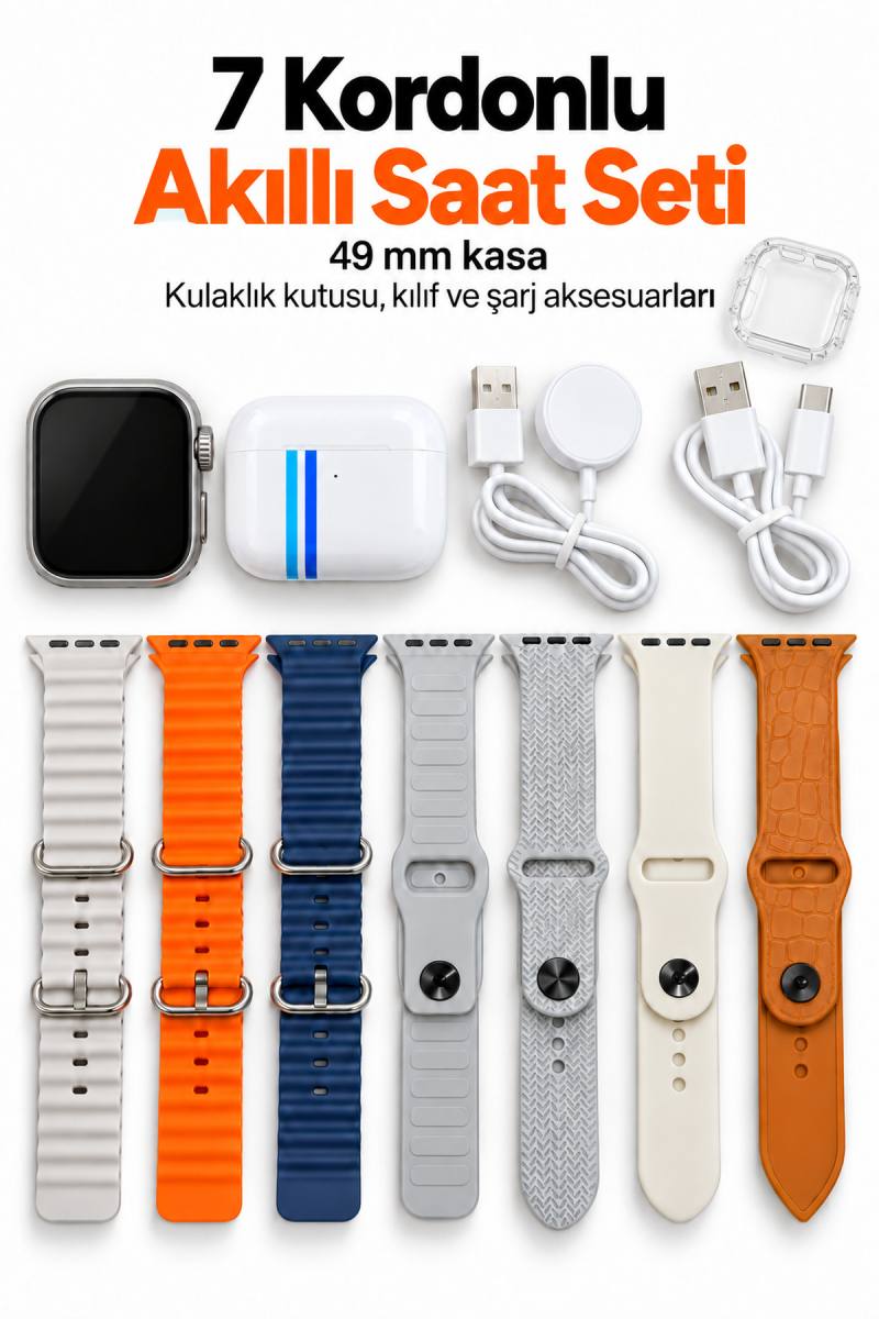 Akıllı Saat Bluetooth Aramalı ve 7 Kordonlu Set