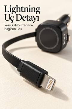 Makaralı Kablolu Araç İçi Hızlı Şarj Cihazı Type C ve Lightning