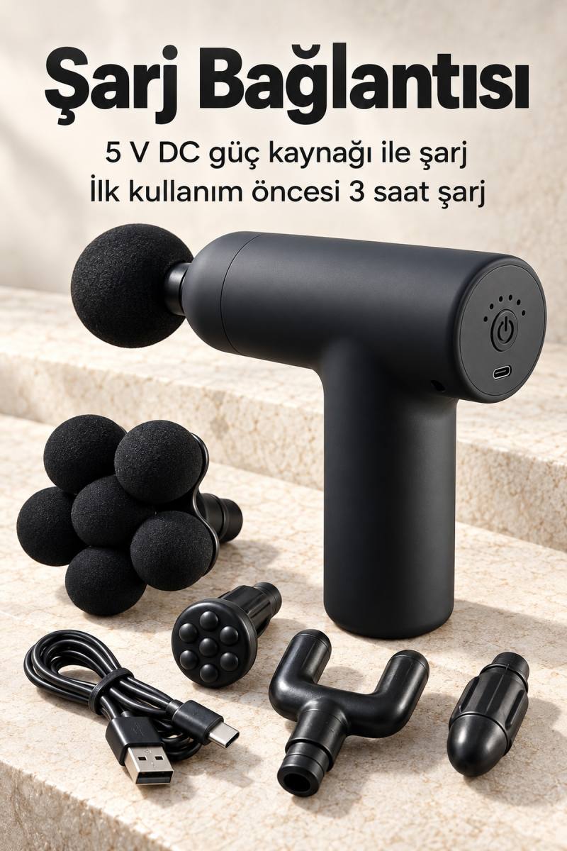 El Tipi Masaj Tabancası Top Başlıklı Siyah Gövde