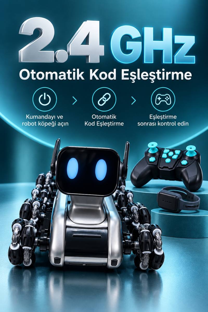 Saat ve El Kumandalı Sekiz Tekerlekli Şarjlı Robot Köpek