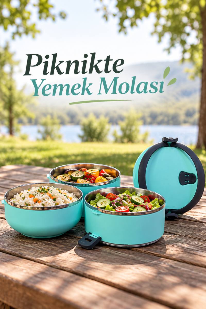 Üç Katlı Sefer Tası Sızdırmaz Kapaklı Çelik İç Hazneli Yemek Taşıma Kabı