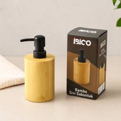 Yuvarlak Bambu Sıvı Sabunluk (Ø7.8 × Y10.8 cm) - Siyah Pompa