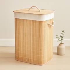 Bambu Kirli Çamaşır Sepeti 40x30x60 cm - Kapaklı İpli Kumaş Torbalı
