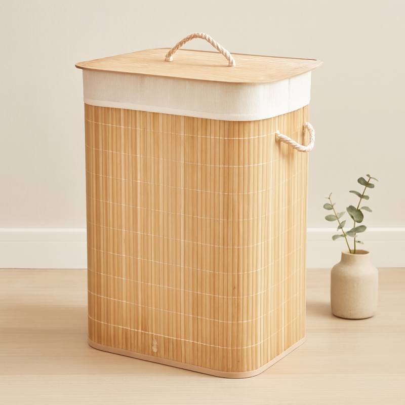 Bambu Kirli Çamaşır Sepeti 40x30x60 cm - Kapaklı İpli Kumaş Torbalı