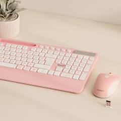 Kablosuz Klavye Mouse Seti - Telefon & Tablet Standlı (Beyaz/Pembe)