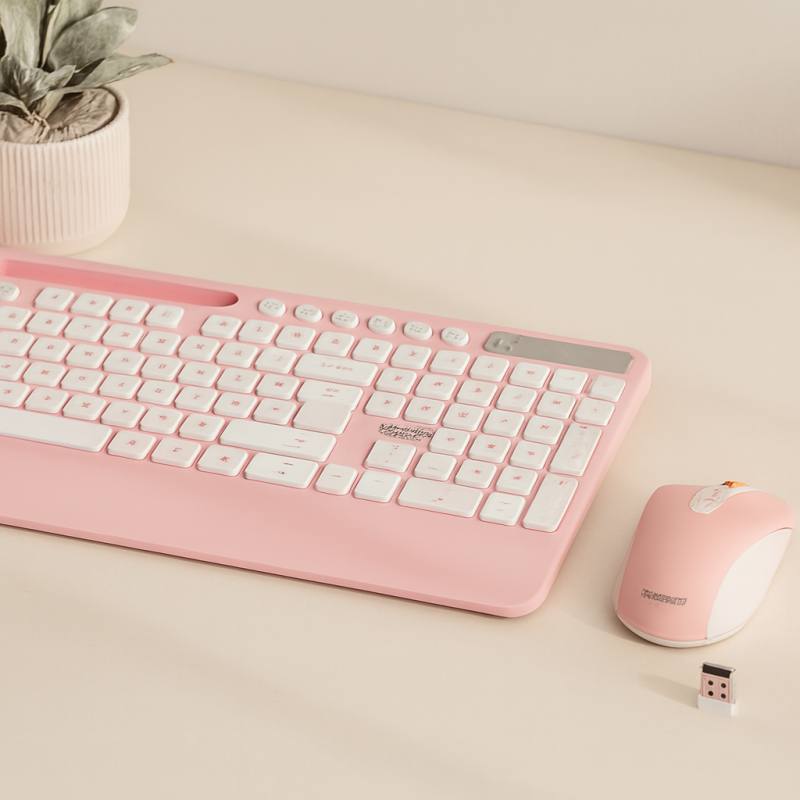 Kablosuz Klavye Mouse Seti - Telefon & Tablet Standlı (Beyaz/Pembe)
