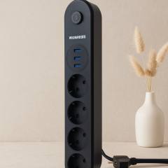 Termal akım korumalı uzatma kablo 4 priz 3 USB anahtarlı siyah