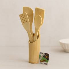 Ahşap bambu mutfak servis seti - kaşık, çatal, spatula ve stand
