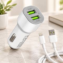 Araç Çakmaklık Çift USB Hızlı Şarj Başlığı ve Lightning Kablosu