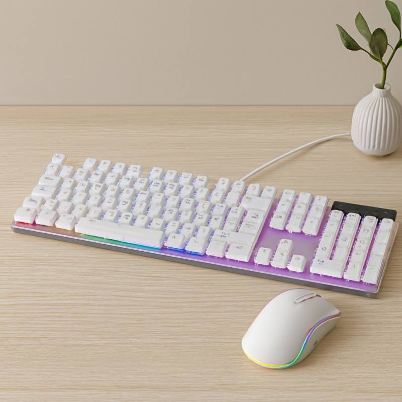 USB Kablolu Oyuncu Klavye ve Mouse Seti - Beyaz RGB