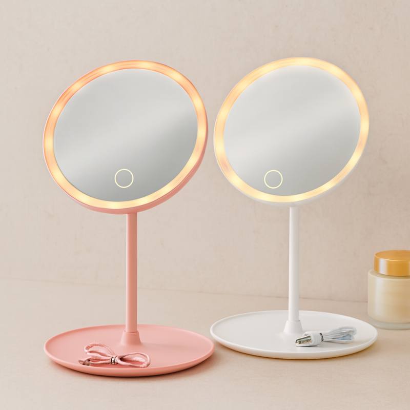 6,5 inç LED USB Şarjlı Yuvarlak Makyaj Aynası - 90° Ayarlı, Standlı