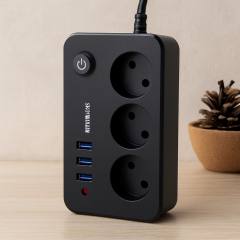 Termal akım korumalı uzatma kablo 3 prizli 3 USB anahtarlı siyah 2MT